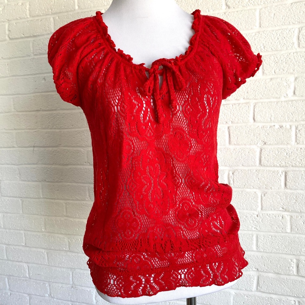 SUZY SHIER RED SHEER LACE BLOUSE SMALL COQUETTE FAIRY WHIMSIGOTH VINTAGE 90’s